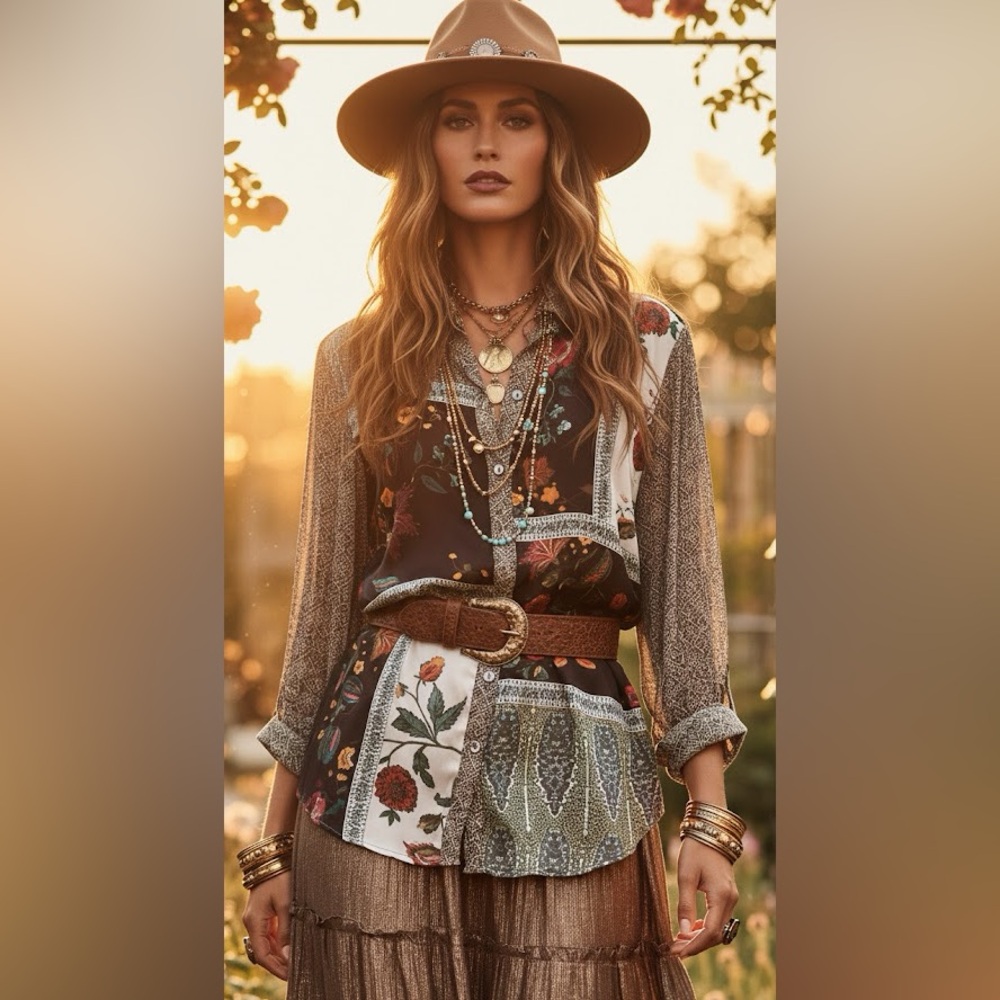 John Mark Mixed Media Patchwork Button Front Shirt L Floral Velvet Boho Tunic